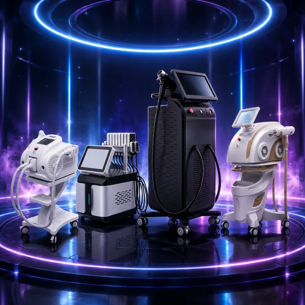 Professional aesthetic laser machines displayed together